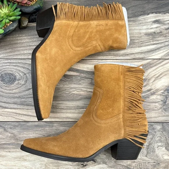 NIB Coconuts By Matisse 8.5M Saddle Suede Leather Western Fringe Booties - Picture 5 of 11